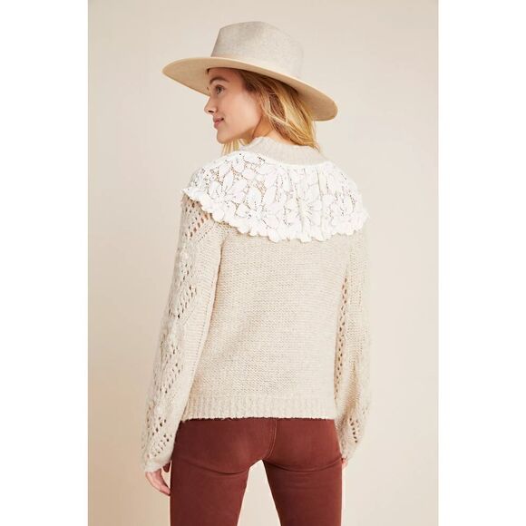 Anthropologie Suzanne Pointelle Lace Cream Sweater Size XS - Picture 2 of 12